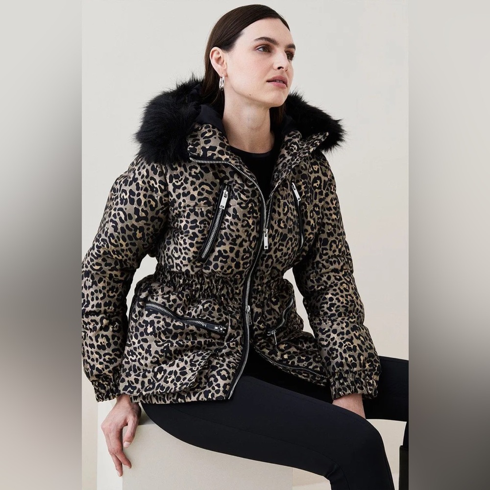 Karen Millen Women Faux Fur Collar leopard Print Puffer Jacket